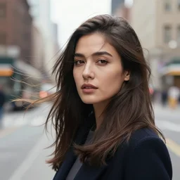 urban photography of beautiful female standing in the wind, close up portrait
