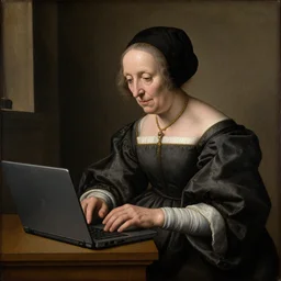 An renaissance painting of a very old woman using her laptop