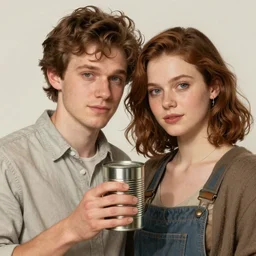 a highly detailed portrait of a couple holding a tin can, trending on artstation,