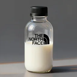 the north face transparent bottle, very round with black top, filled with wihite liquid, concept art, matte, sharp focus, illustration, art by aenaluck, artgerm