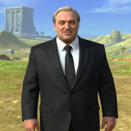 Alexander Lukashenko wearing a suit and tie in Balmora in Elder Scrolls III: Morrowind, 2002 Morrowind graphics