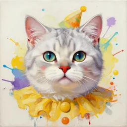clown cat portrait an oil painting splashes with many colors and shapes by gustav klimt greg rutkowski and alphonse mucha, polycount, generative art, psychedelic, fractalism, glitch art