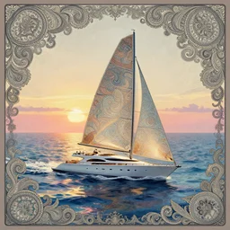 [ palate ] [ muted colors ] crazy psychedelic ocean, luxury yacht sailing across the psychedelic ocean, paisley swirls and ripples, backlit, sunset, refracted lighting, outdoors, paisley pattern, elegant, 8 k resolution, intricate and fine details, digital painting, artstation, illustration, psychedelic ocean art, krenz cushart, alphonse mucha