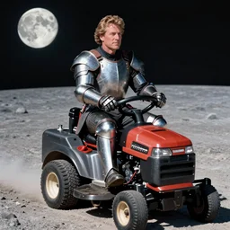 photo realistic Hank hill wearing a full suit of armor riding a lawnmower on the moon, Kodachrome photo