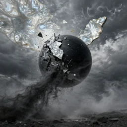 dark matter surrealism breaks into fragments, the mother - of - pearl sky and the black sphare, silver, wind and dust