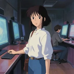 a film still a full body portrait of a 1 9 8 0's girl working at a movie theater at night, finely detailed features, full body mid shot, detailed smooth face, perfect art,, trending on pixiv fanbox, painted by gaston bussiere, makoto shinkai, akihiko yoshida, gaston bussiere, craig mullins, studio ghibli