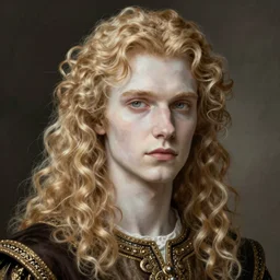 pale blond androgynous irish young man, long curly blond hair, germanic features extremely pale white skin, historical, intricate, elegant, highly detailed, digital painting, artstation, concept art, matte, sharp focus, illustration, art by Artgerm and Greg Rutkowski and Alphonse Mucha, 4K