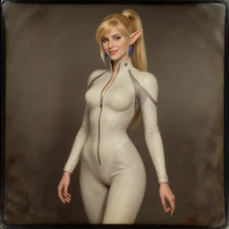 daguerreotype of beautiful elf, skintight full body suit, blond hair, open zip, tied ponytail, happy, sapphire earrings, high fantasy, digital illustration, by rossdraws, frank franzzeta, sakimichan