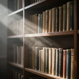 a book shelf with many books and dust, professional photo, dramatic lighting, rays of lights, foggy