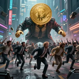 crowd running scared from a giant with a bitcoin in his head, cyberpunk art, hyper-realistic, 4k