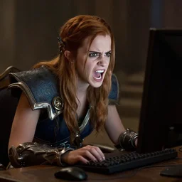 Emma Watson playing World of Warcraft while being angry and screaming at her computer screen