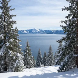 photo of lake tahoe california covered in snow, highly detailed