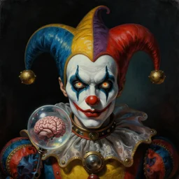 baroque neoclassicist close - up sci - fi portrait of a colorful steampunk overlord jester clown with big glowing eyes gazing intensely, a brain in a bubble. dark black ominous background, glowing atmosphere. highly detailed science fiction horror painting by norman rockwell, frank frazetta, and syd mead. rich colors, high contrast, gloomy atmosphere. trending on artstation and behance.