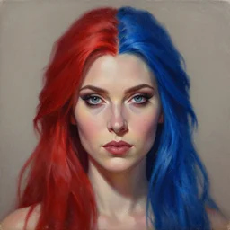 a detailed matte oil on canvas head on symmetrical portrait of a distinguished elven woman with separated red and blue hair ( ( ( ( ( makeup ) ) ) ) ) by charlie bowater and lise deharme wlop, trending on artstationhd, dungeons and dragons art critical role, half and half hair dye, split hair dye, two tone hair dye, hair heterochromia, dye hair, parted hair dye, split red, split blue
