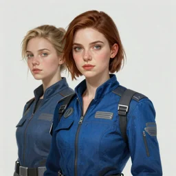 a young woman who looks like a mixture between Dakota Fanning, Bella Heathcote and Elizabeth Debicki, wearing blue utilitarian jumpsuit, scifi, highly detailed portrait, digital painting, artstation, concept art, smooth, sharp focus, illustration, ArtStation HQ