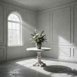 big white room with flowerpot on table horror