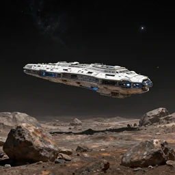 a starship landing on an isolated dead planet with no atmosphere and full of rocks, award winning, trending on artstation, unreal engine