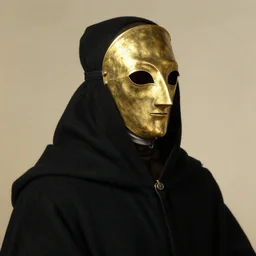 a medieval prieat in black robes with a brass mask portrait by leonardo da vinci