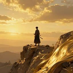 a samurai looking into the horizon on a cliff, golden hour, dramatic lighting, fluid, smooth, bright, colours, high contrast, sharpness, very detailed, intricate, by donato giancola, gustave dore and junji ito