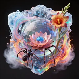 3 d close - up swirly cubic automata! with translucent calamity sphere and giant lotus spider and giant gladiola surrounded by rainbow smoke and oil fire energy flow, highly detailed. octane render, excellent composition, by wlop, tooth wu, greg rutkowski, beeple. ice and thunder