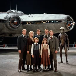 sharp, detailed, 256k film still from a sci fi blockbuster color movie made in 1960, set in 1860, of a family standing in front of a spaceship that has just landed on an alien planet, a humanoid alien creature stands nearby, the family are all wearing 1850s era clothes, cinematic lighting, good photography, sharp focus