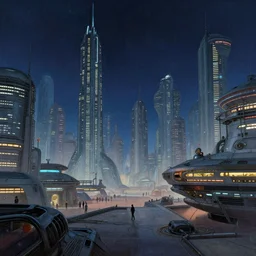 a sci - fi scene of a futuristic city at night, a matte painting by raphael lacoste, cgsociety, retrofuturism, reimagined by industrial light and magic, matte painting, matte drawing