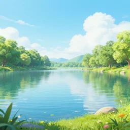 lakeside, dreamlike, bright colors, fantasy,