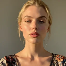 photograph of an olive skinned blonde female model in her late twenties, her hair pinned up, wearing a designer top, looking content, focused on her neck, facing the camera, photo realistic, extreme detail skin, natural beauty, no filter, slr, golden hour, 4 k, high definition, selfie, by steve mccurry