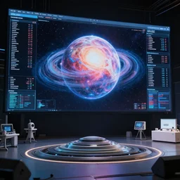 futuristic prototype of entire living universe being simulated by ai, the screen shows a view of the entire universe with stats, product display ces, photograph 2 0 0 8