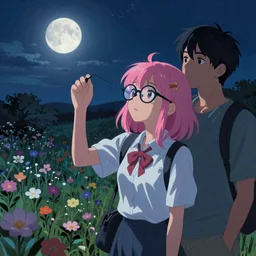 beautiful nerdy girl with pink hair and glasses, stargazing with boyfriend, in open field full of flowers, moonlight, night time, sharp focus, intricate, digital painting, artstation, official media, anime key visual, highly detailed, rich vivid colors ambient lighting, illustration, art by Artgerm, Makoto Shinkai, Ilya Kuvshinov, Lois Van Baarle and Rossdraws