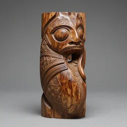 a very detailed carved wooden totem in the shape of a larynx