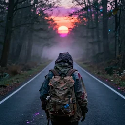 a sad rumpled old homeless with torn clothes goes into the distance with his torn old backpack, neon road, magical sunset, gloomy forest, magical fog, depression, post - apocalypse
