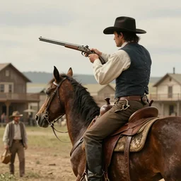 an extremely detailed masterpiece photograph of a 1 8 9 0's gunslinger on his horse gun in hand while overlooking an old west town, epic scene, cinematic lighting, silverado production, 8 k