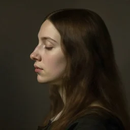 A woman's profile with long hair and closed eyes by Abraham Bloemaert and Arnold Newman. masterpiece. hq. ultra detailed. realistic. moody. cinematic.