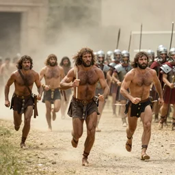 a group of neanderthals with very little clothing running towards a roman legion.