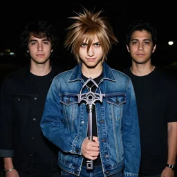 loish, artgerm, joshua middleton art, rafeal albuquerque, pretty sora from kingdom hearts holding the artemis keyblade, realistic hands, sarcastic smile, symmetrical eyes, symmetrical face, jean jacket, jeans, short hair, middle shot, night time, deep blacks