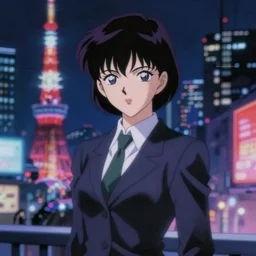 blurry and dreamy screencap of a realistic character from 8 0 s horror anime, vampire woman with short hair wearing dress suit with tie, satoshi kon anime, character design by yoshitaka amano and junji ito, glitchy vhs tape, night tokyo in the background, perfect blue color palette, noisy film grain effect, blurry image