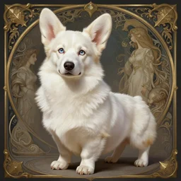 full body photography of a female anthropomorphic albino corgi fursona ranger, deep focus, d & d, fantasy, intricate, elegant, highly detailed, digital painting, artstation, concept art, matte, sharp focus, illustration, hearthstone, art by artgerm and greg rutkowski and alphonse mucha