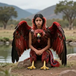 harpy, red feathered wings, bird legs, young woman, wearing Inka clothes, sad expression, sitting at a pond, mountainous area, trees in the background, trending on artstation
