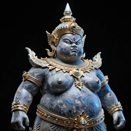 intricate holographic realistic sculpture of futuristic digital chubby angry thai empress, stone and glass and gold, high contrast, blue and black, masterpiece