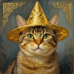A cat wearing golden hat, fantasy, painting by greg rutkowski and alphonse mucha