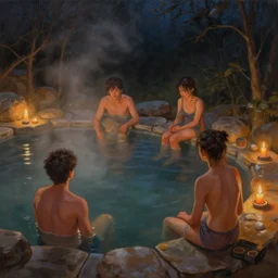 painting of cozy onsen hot spring with candles by greg rutkowski and craig mullins ross tran, dark atmospheric cinematic lighting, trending on artstation