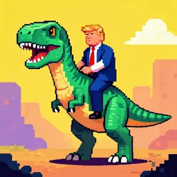 donald trump riding a velociraptor, vibrant colours, pixel art