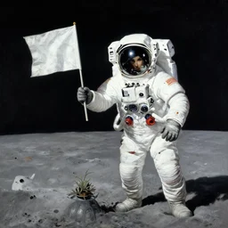 handsome astronaut plants a flag on the moon, painting by gaston bussiere, craig mullins, j. c. leyendecker