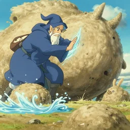 old wizard casting a water spell on a giant sand creature. highly detailed, anime style, studio ghibli, manga, makoto shinkai, breath of the wild color pallet