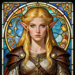 head-on symmetrical centered painted portrait, Lude Law as elf ranger, blonde hair, leather armour, art nouveau, tarot card style, stained glass, fantasy, intricate, elegant, highly detailed, smooth, sharp focus, illustration, artstation, in the style of Artgerm and Anna Podedworna and Alex Ross and Mucha