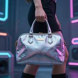 a girl wearing a handbag from the future, cyberpunk background, highly detailed, epic lighting, 8 k