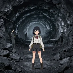 scenic wide angle portrait of a girl in a coal mine, a cute outfit, somewhat of an anime in fantasy style, trending artwork, made with anime painter studio, by anato finstark, tony sart and an anime artist, collaboration