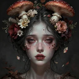 a digital horror portrait of a beautiful sad woman with flowers and fungus growing out of her head and petals dripping from her eyes, intricate, sharp focus, digital illustration, highly detailed, octane render, digital painting, matte, art by professional artist