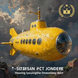 A magical realism painting of a flying yellow submarine